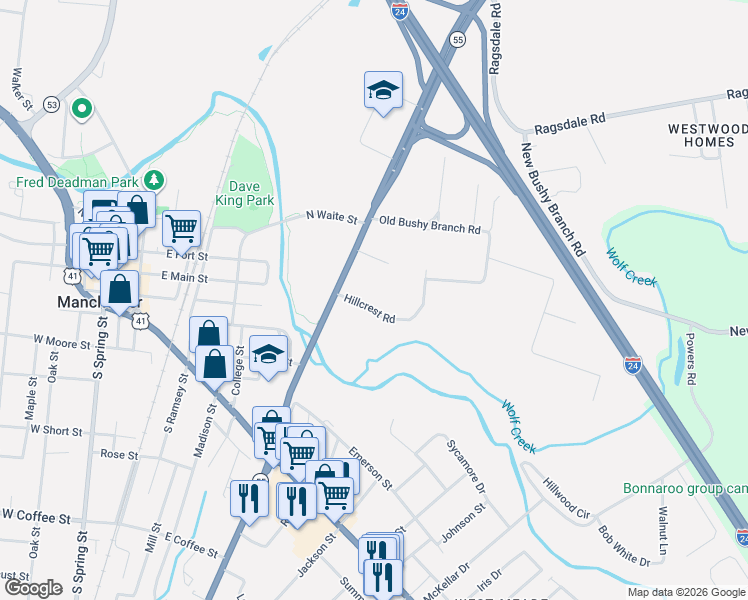 map of restaurants, bars, coffee shops, grocery stores, and more near 486 McMinnville Highway in Manchester