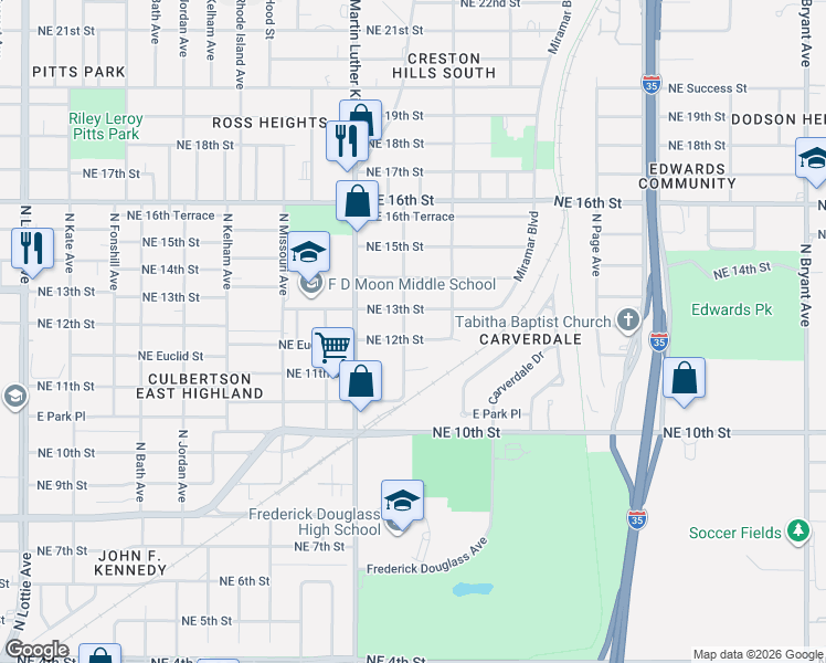map of restaurants, bars, coffee shops, grocery stores, and more near 2104 Northeast 13th Street in Oklahoma City