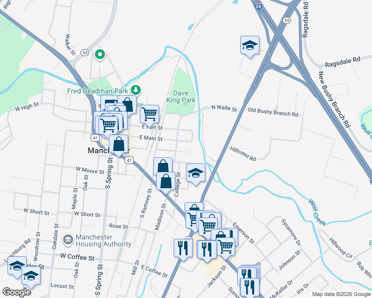 map of restaurants, bars, coffee shops, grocery stores, and more near 503 East Main Street in Manchester