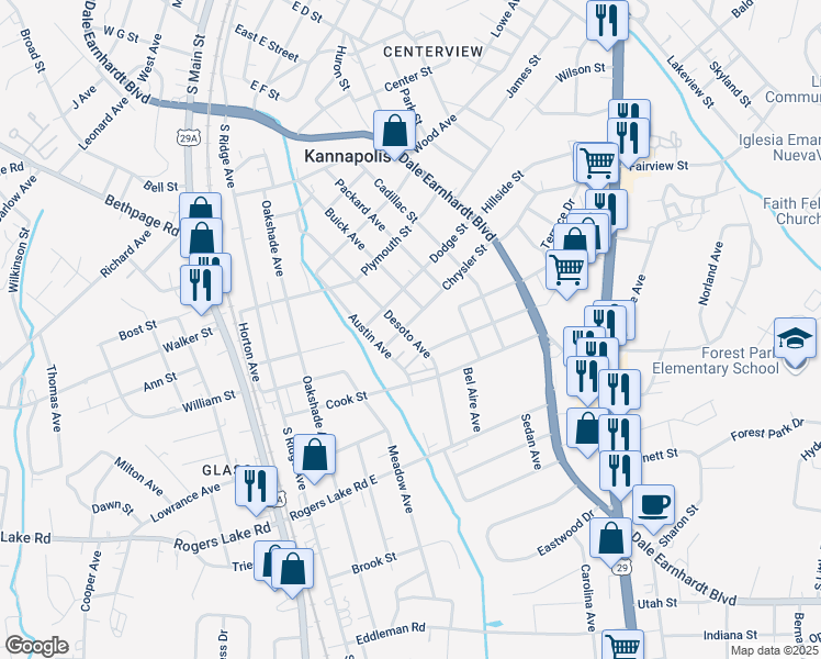 map of restaurants, bars, coffee shops, grocery stores, and more near 414 Chrysler Street in Kannapolis