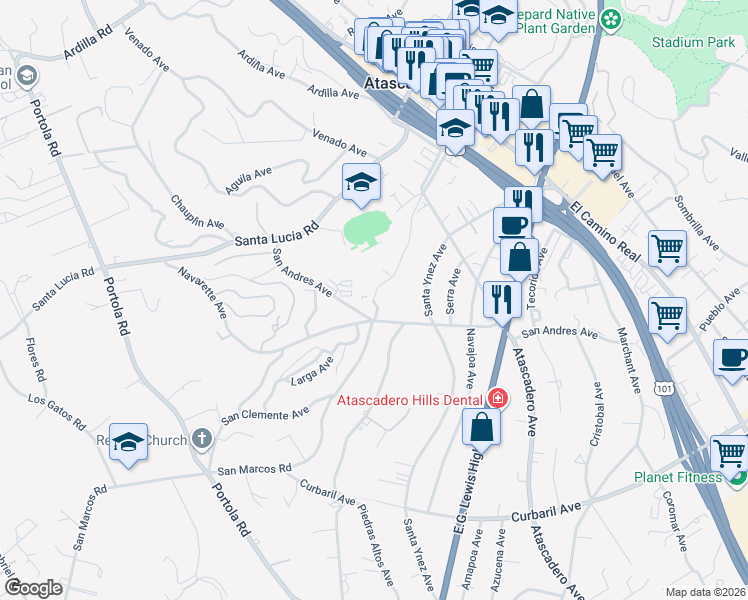 map of restaurants, bars, coffee shops, grocery stores, and more near 1 High School Hill Road in Atascadero