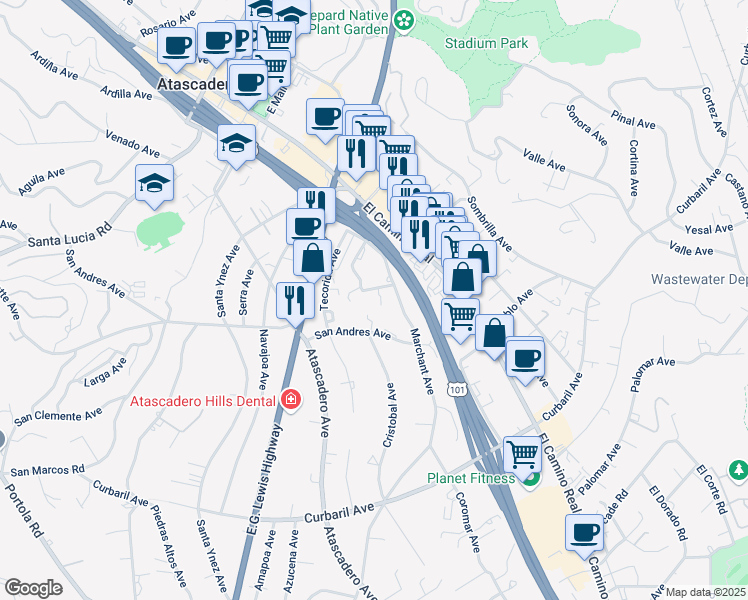 map of restaurants, bars, coffee shops, grocery stores, and more near 6755 Alcantara Avenue in Atascadero
