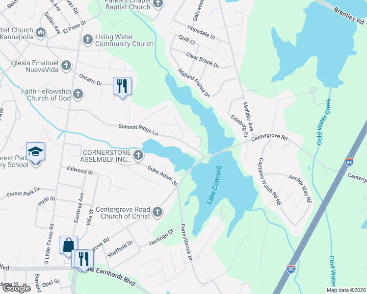 map of restaurants, bars, coffee shops, grocery stores, and more near 1913 Summit Ridge Lane in Kannapolis