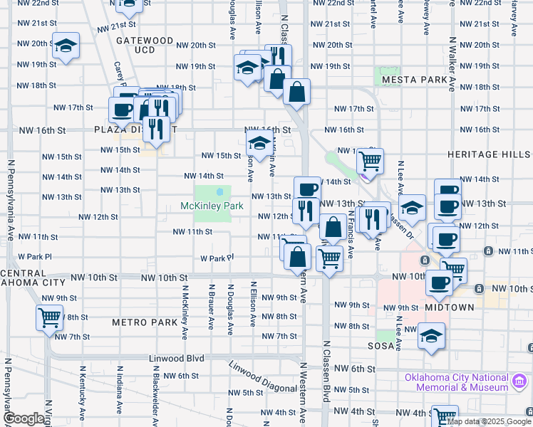 map of restaurants, bars, coffee shops, grocery stores, and more near 1222 Northwest 13th Street in Oklahoma City