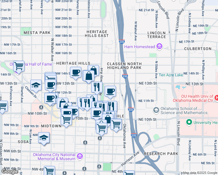 map of restaurants, bars, coffee shops, grocery stores, and more near 13 Northeast 13th Street in Oklahoma City