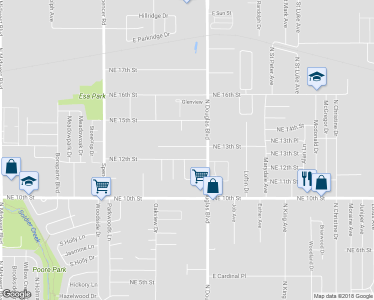 map of restaurants, bars, coffee shops, grocery stores, and more near 8904 Northeast 13th Street in Oklahoma City