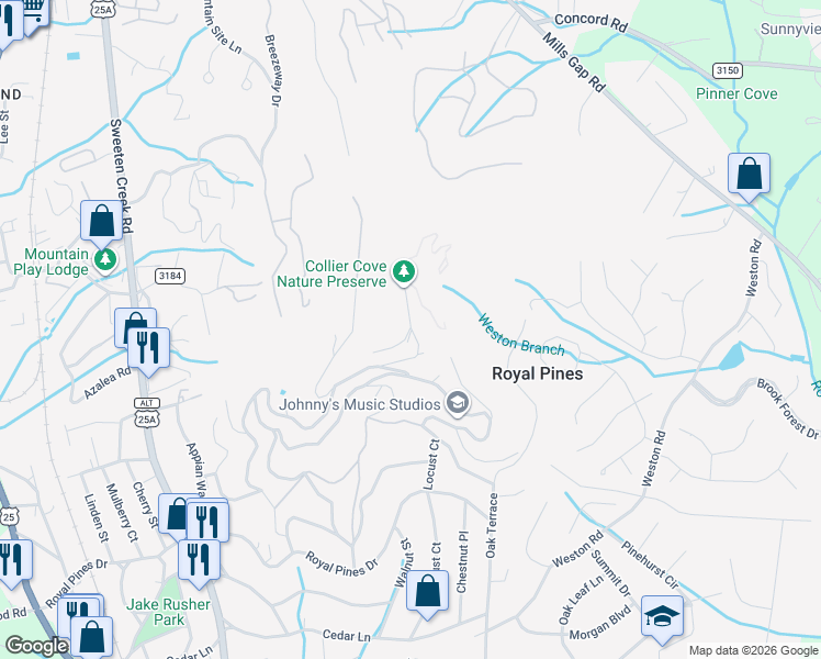 map of restaurants, bars, coffee shops, grocery stores, and more near 175 Rhododendron Drive in Arden