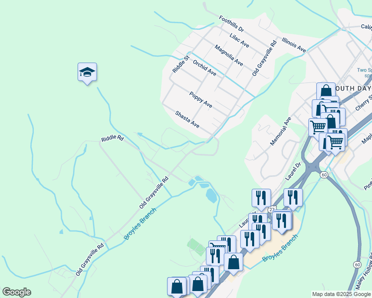map of restaurants, bars, coffee shops, grocery stores, and more near 622 Old Graysville Road in Dayton