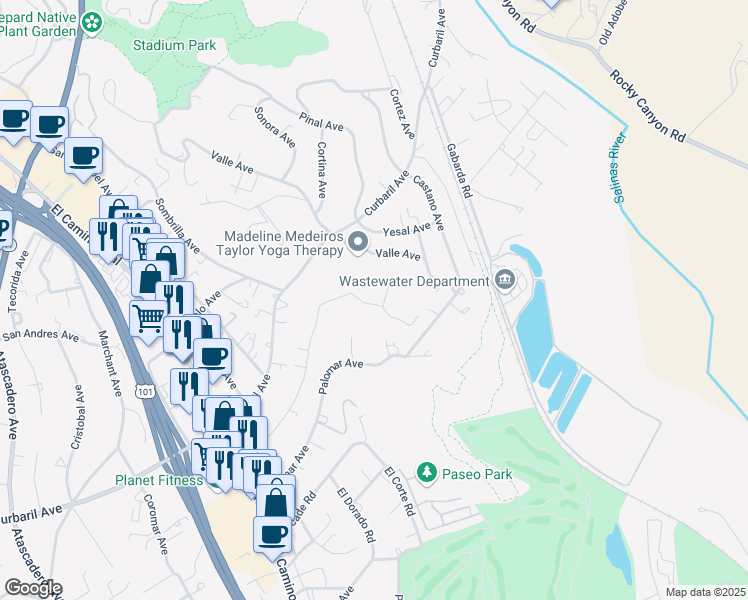 map of restaurants, bars, coffee shops, grocery stores, and more near 9025 Junipero Avenue in Atascadero