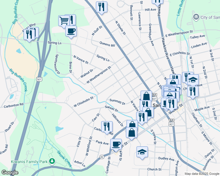 map of restaurants, bars, coffee shops, grocery stores, and more near 514 West Chisholm Street in Sanford