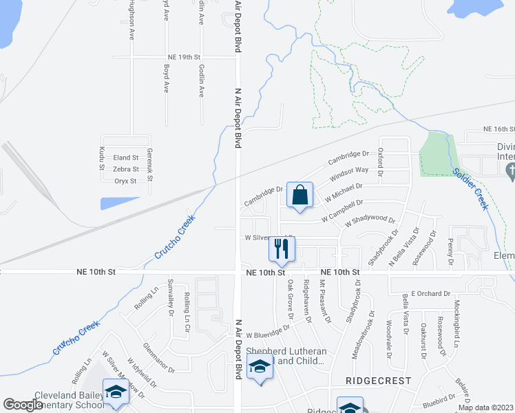 map of restaurants, bars, coffee shops, grocery stores, and more near 1250 North Air Depot Boulevard in Oklahoma City