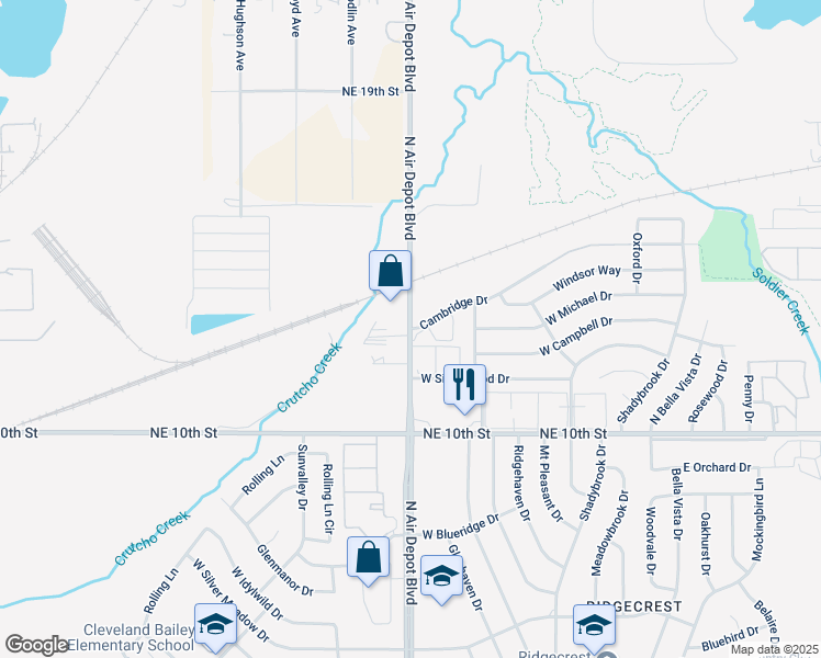map of restaurants, bars, coffee shops, grocery stores, and more near 399 Cambridge Drive in Midwest City