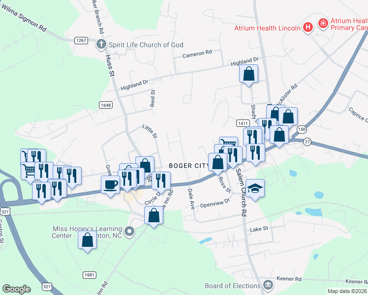 map of restaurants, bars, coffee shops, grocery stores, and more near 223 Allen Dale Lane in Lincolnton