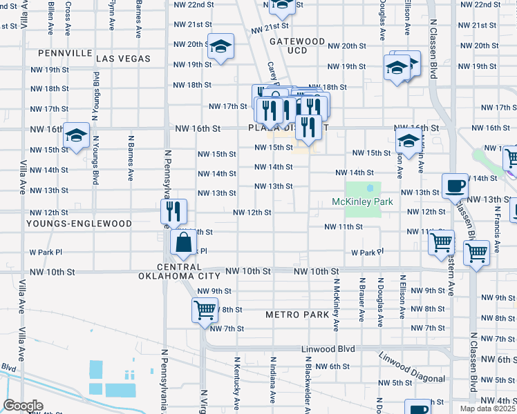 map of restaurants, bars, coffee shops, grocery stores, and more near 1318 Louise Avenue in Oklahoma City