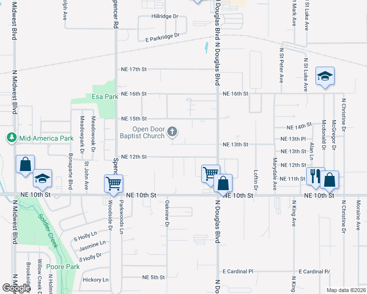map of restaurants, bars, coffee shops, grocery stores, and more near 8803 Northeast 13th Street in Midwest City
