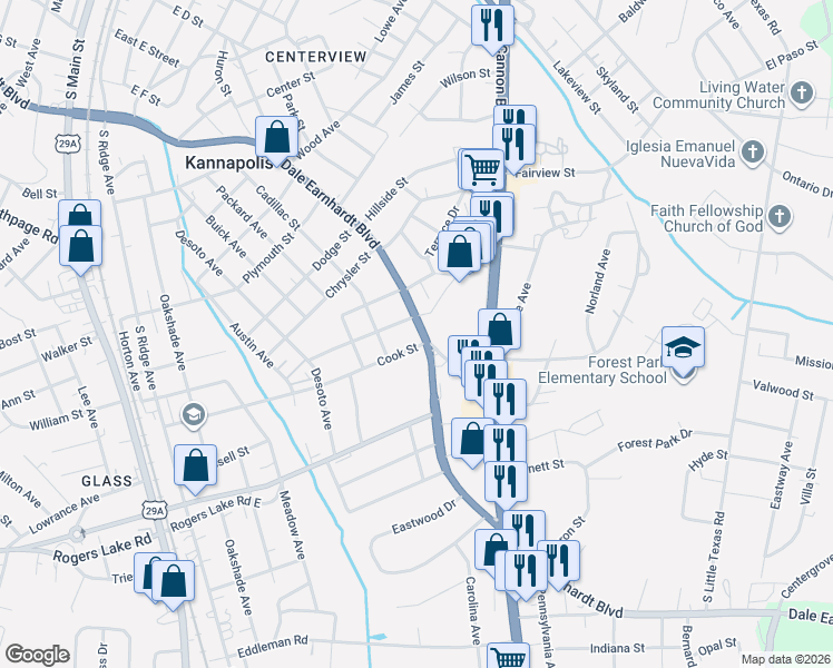 map of restaurants, bars, coffee shops, grocery stores, and more near 1650 Dale Earnhardt Boulevard in Kannapolis