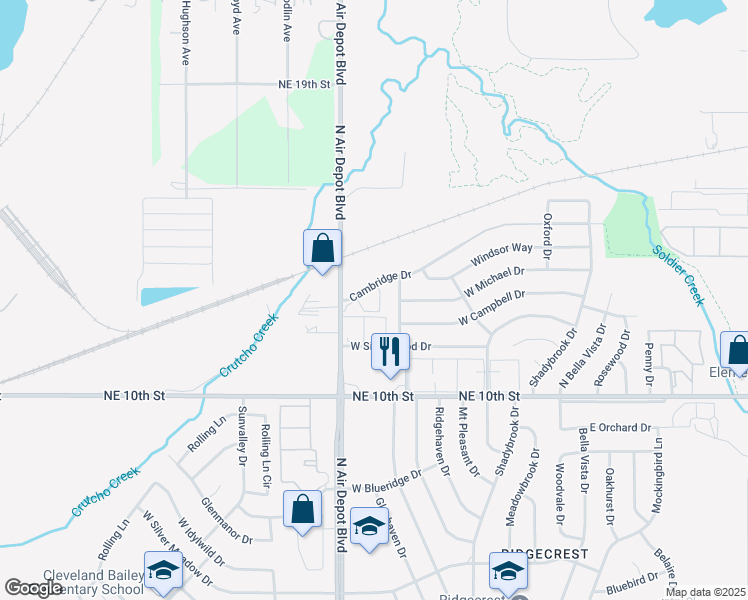 map of restaurants, bars, coffee shops, grocery stores, and more near 303-399 Cambridge Drive in Midwest City