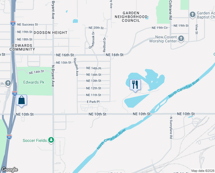 map of restaurants, bars, coffee shops, grocery stores, and more near 1210 Redbud Drive in Oklahoma City
