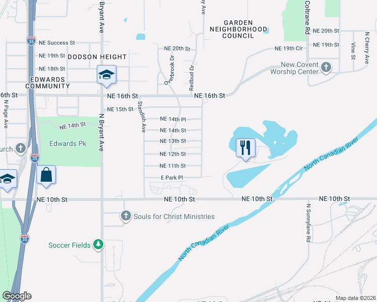 map of restaurants, bars, coffee shops, grocery stores, and more near 3324 Northeast 13th Street in Oklahoma City