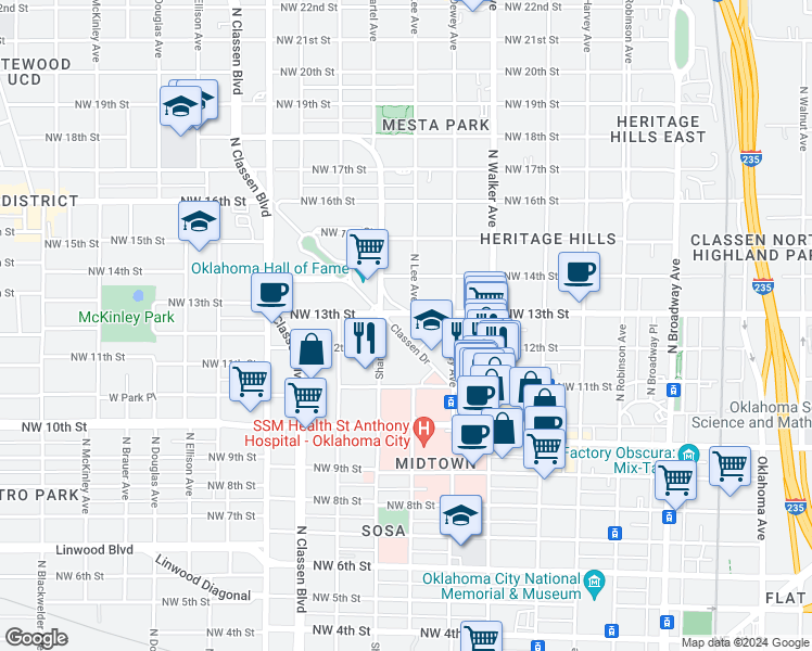 map of restaurants, bars, coffee shops, grocery stores, and more near 625 Northwest 13th Street in Oklahoma City