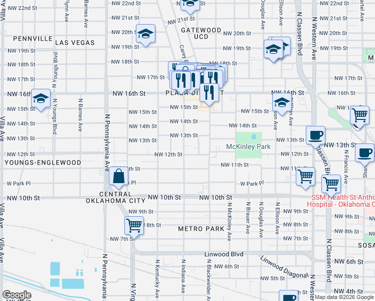 map of restaurants, bars, coffee shops, grocery stores, and more near 1734 Northwest 13th Street in Oklahoma City