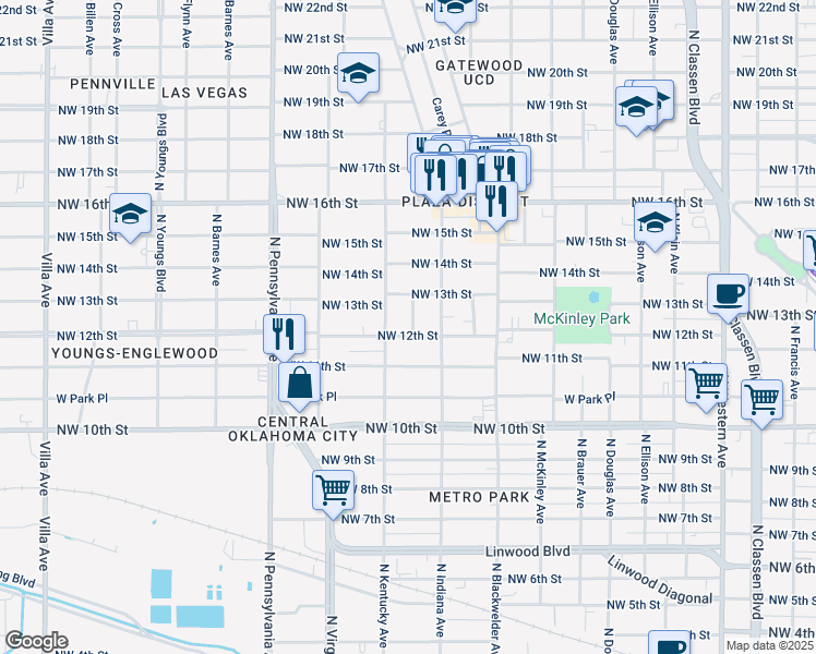 map of restaurants, bars, coffee shops, grocery stores, and more near 1318 Louise Avenue in Oklahoma City