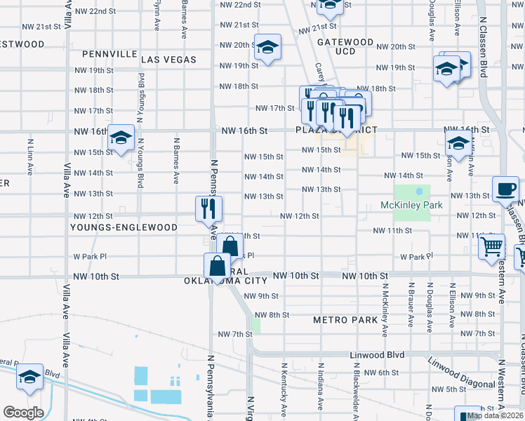 map of restaurants, bars, coffee shops, grocery stores, and more near 1938 Northwest 13th Street in Oklahoma City