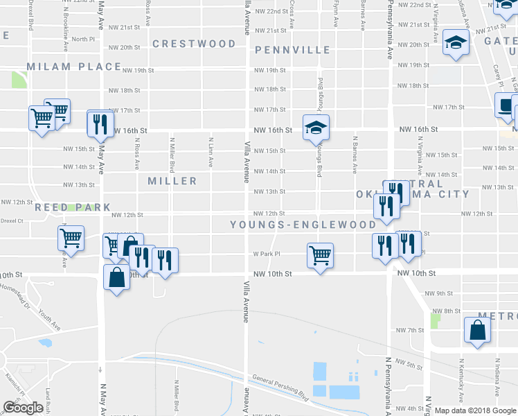 map of restaurants, bars, coffee shops, grocery stores, and more near 2420 Northwest 13th Street in Oklahoma City