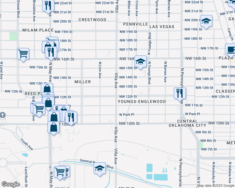 map of restaurants, bars, coffee shops, grocery stores, and more near 2504 Northwest 13th Street in Oklahoma City