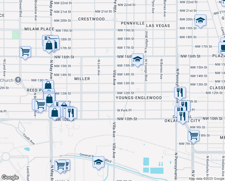 map of restaurants, bars, coffee shops, grocery stores, and more near 2504 Northwest 13th Street in Oklahoma City