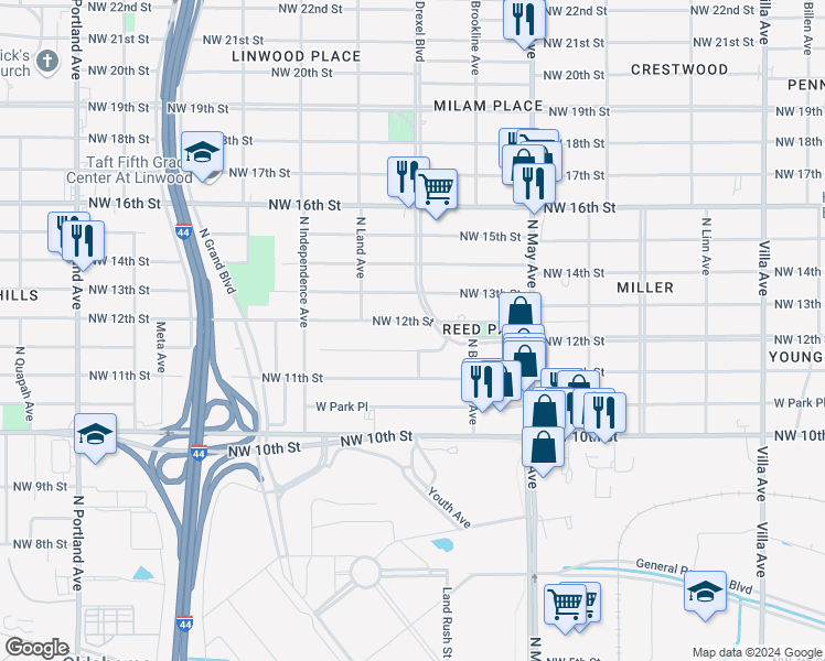 map of restaurants, bars, coffee shops, grocery stores, and more near 1301 North Drexel Boulevard in Oklahoma City