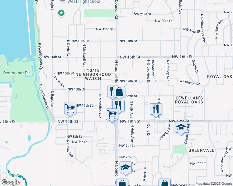 map of restaurants, bars, coffee shops, grocery stores, and more near 1405 North Council Road in Oklahoma City