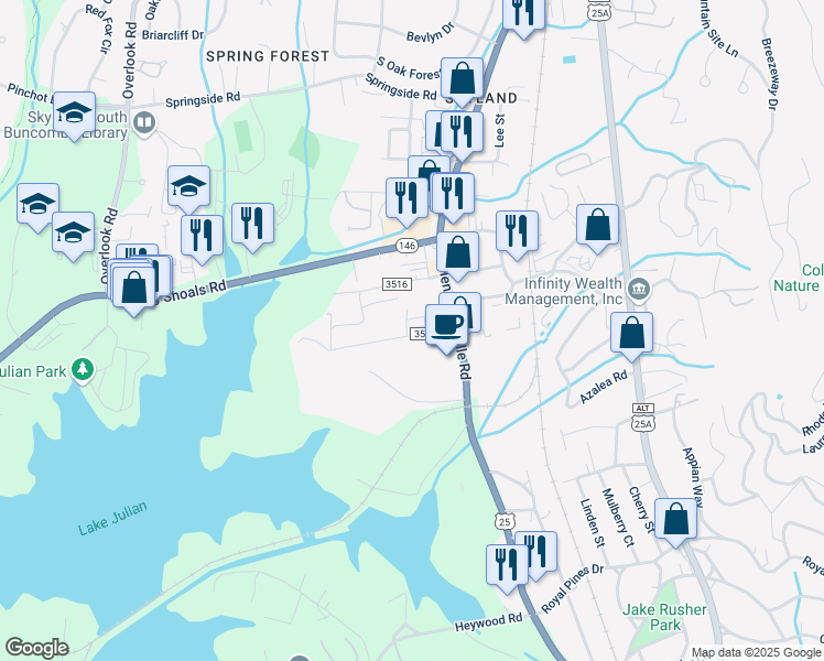 map of restaurants, bars, coffee shops, grocery stores, and more near 16 Maple Lane in Arden
