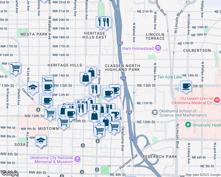 map of restaurants, bars, coffee shops, grocery stores, and more near 13 Northeast 13th Street in Oklahoma City