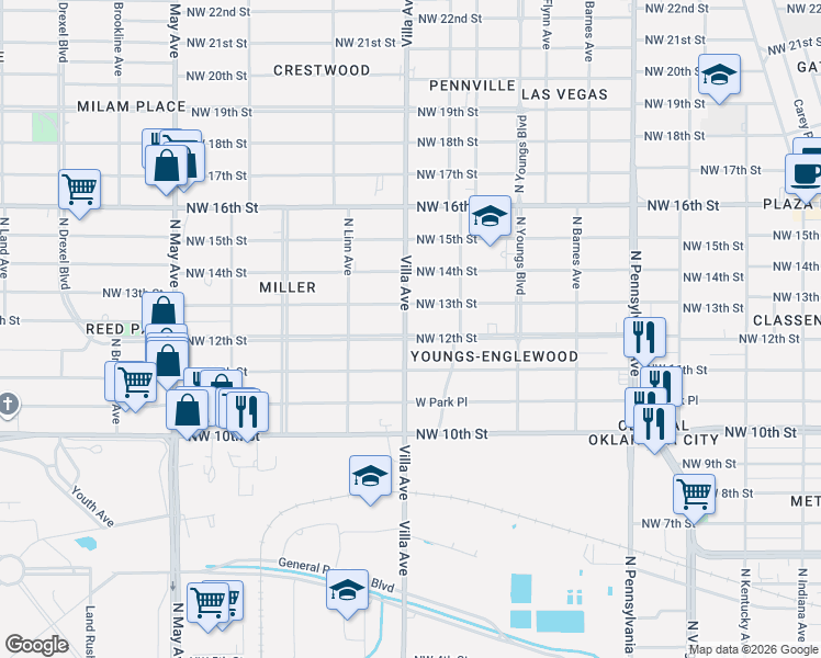 map of restaurants, bars, coffee shops, grocery stores, and more near 2504 Northwest 13th Street in Oklahoma City