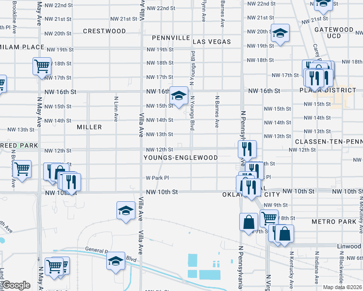 map of restaurants, bars, coffee shops, grocery stores, and more near 2302 Northwest 13th Street in Oklahoma City