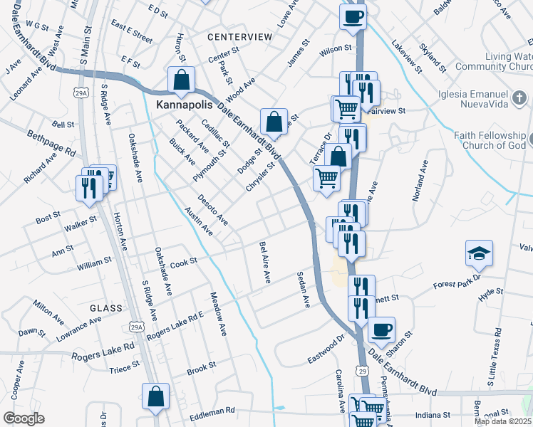 map of restaurants, bars, coffee shops, grocery stores, and more near 503 Peach Street in Kannapolis