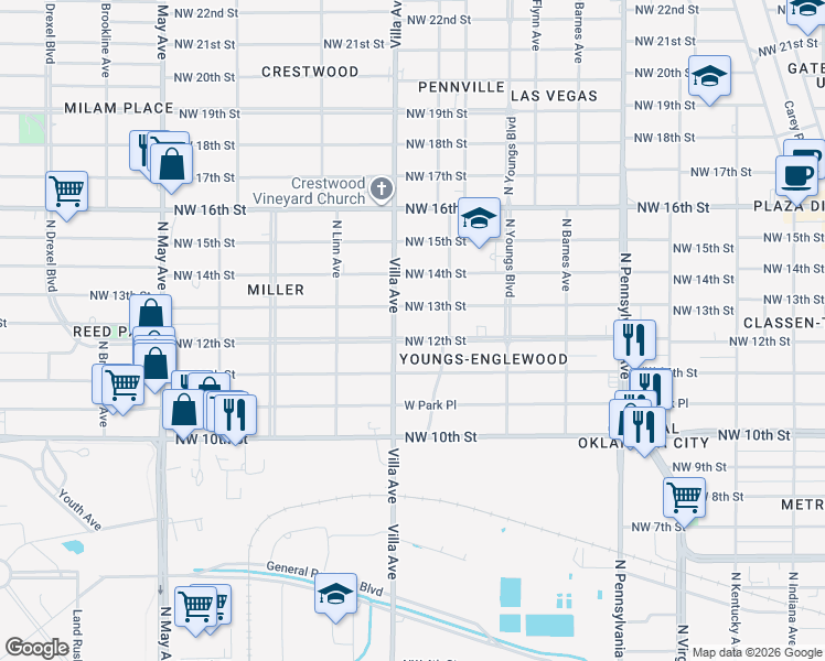 map of restaurants, bars, coffee shops, grocery stores, and more near 2420 Northwest 13th Street in Oklahoma City