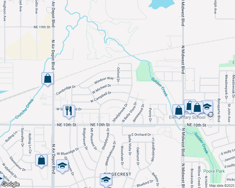 map of restaurants, bars, coffee shops, grocery stores, and more near 200 West Campbell Drive in Midwest City