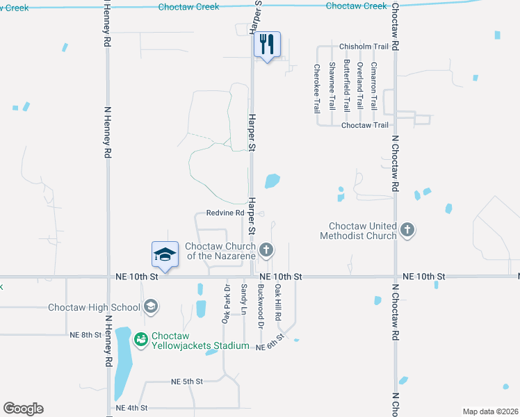 map of restaurants, bars, coffee shops, grocery stores, and more near 14505 Park Circle in Choctaw