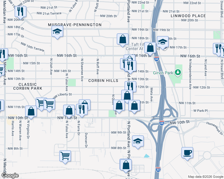 map of restaurants, bars, coffee shops, grocery stores, and more near 3804 Northwest 12th Street in Oklahoma City