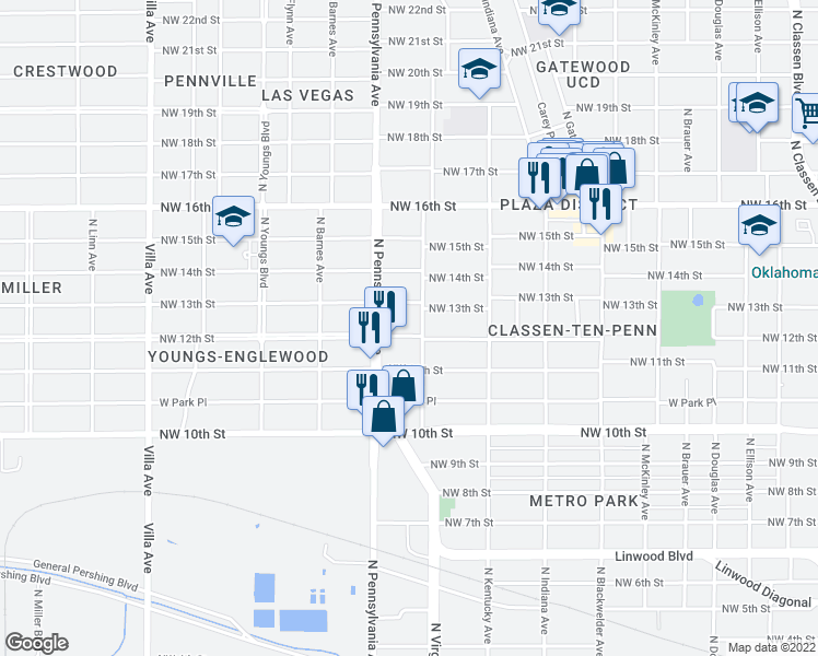 map of restaurants, bars, coffee shops, grocery stores, and more near 2009 Northwest 12th Street in Oklahoma City