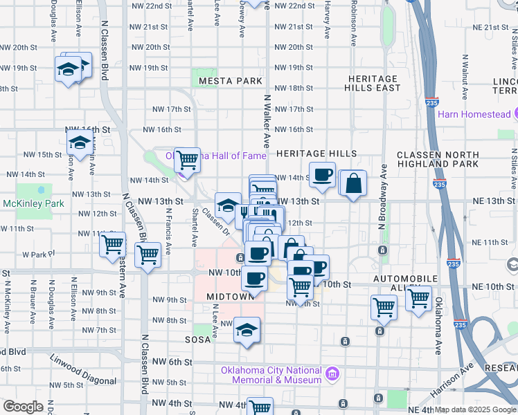 map of restaurants, bars, coffee shops, grocery stores, and more near 1322 North Walker Avenue in Oklahoma City