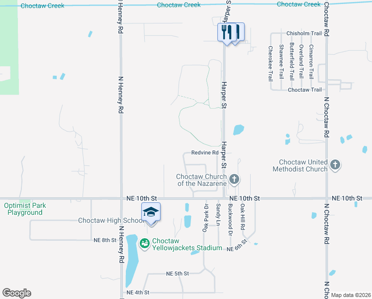 map of restaurants, bars, coffee shops, grocery stores, and more near 14351 Redvine Road in Choctaw