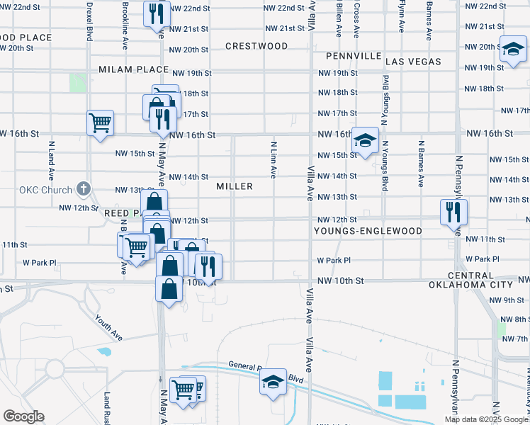 map of restaurants, bars, coffee shops, grocery stores, and more near 2622 Northwest 13th Street in Oklahoma City