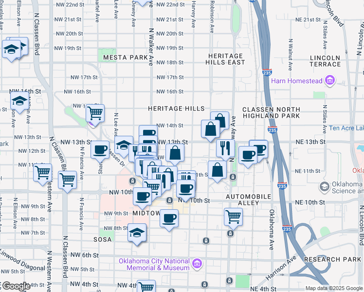 map of restaurants, bars, coffee shops, grocery stores, and more near 303 Northwest 13th Street in Oklahoma City