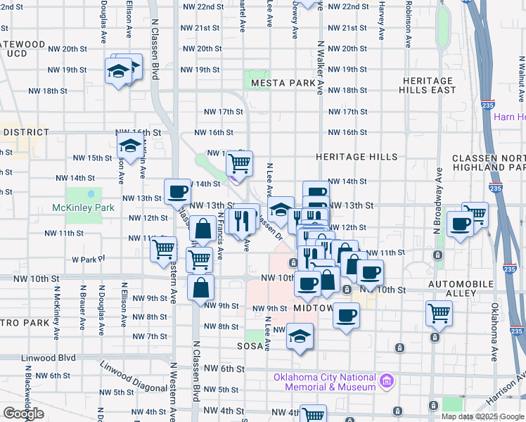 map of restaurants, bars, coffee shops, grocery stores, and more near 1320 Classen Drive in Oklahoma City