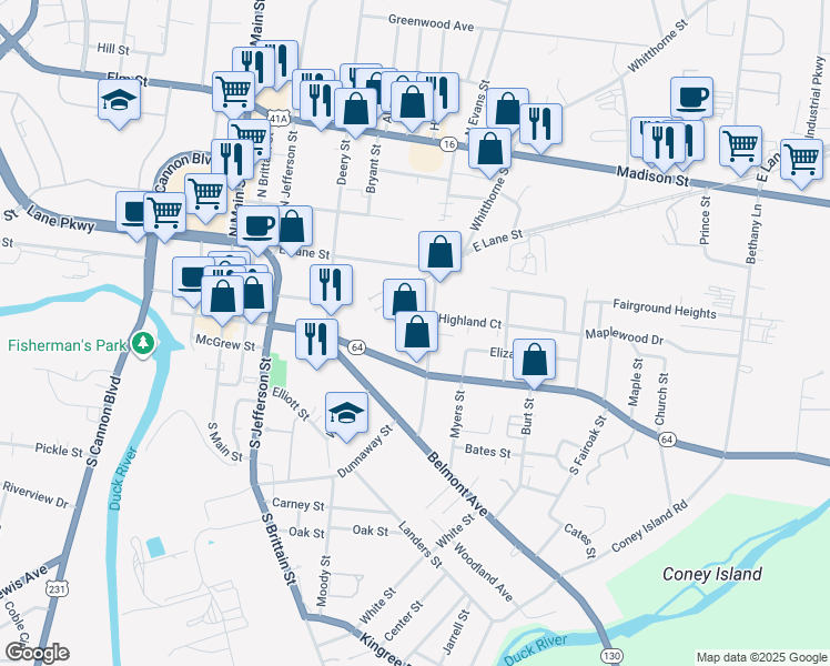 map of restaurants, bars, coffee shops, grocery stores, and more near 409 Thompson Street in Shelbyville