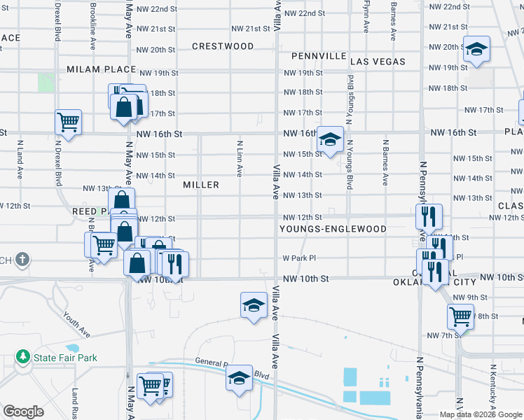 map of restaurants, bars, coffee shops, grocery stores, and more near 2517 Northwest 12th Street in Oklahoma City