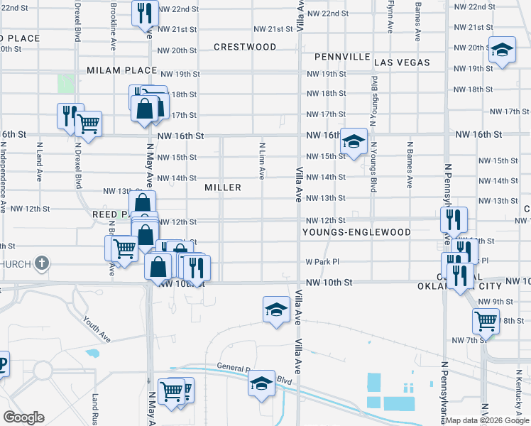 map of restaurants, bars, coffee shops, grocery stores, and more near 2540 Northwest 13th Street in Oklahoma City
